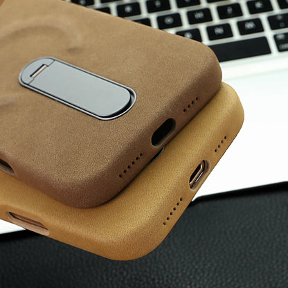 For iPhone 17 Pro Protective Case With Metal Rotatable Kickstand Suede Artificial Leather Phone Case For iPhone 17 16 15 Pro Max