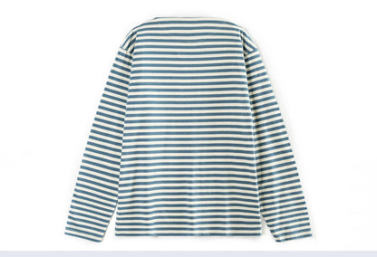 Men Loose Fit One Shoulder Sea Soul Long Sleeve T Shirt Blue White Breton Striped 100% Cotton Versatile Casual Tops