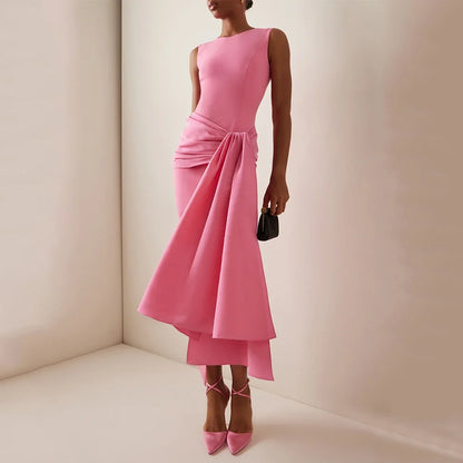 Customized Midi Cocktail Dresses Pink O Neck Criss-Cross Pleated Draped Column Cocktail Gowns for Women Tea Length Party Dress