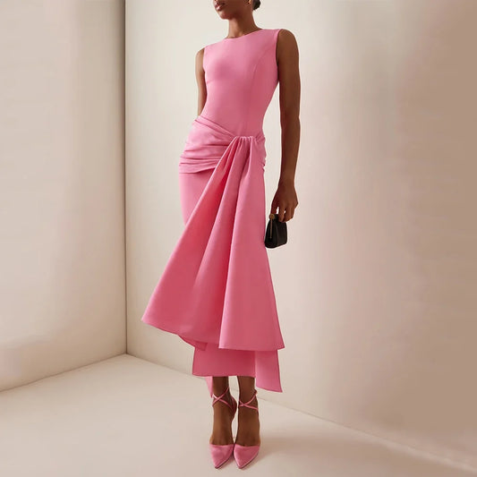 Customized Midi Cocktail Dresses Pink O Neck Criss-Cross Pleated Draped Column Cocktail Gowns for Women Tea Length Party Dress