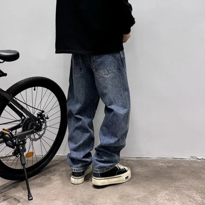 Spring Korean Vintage Men'S Jeans Three-Dimensional Large Pockets And Diagonal Zipper Design Wide Leg Casual Straight Leg Pants