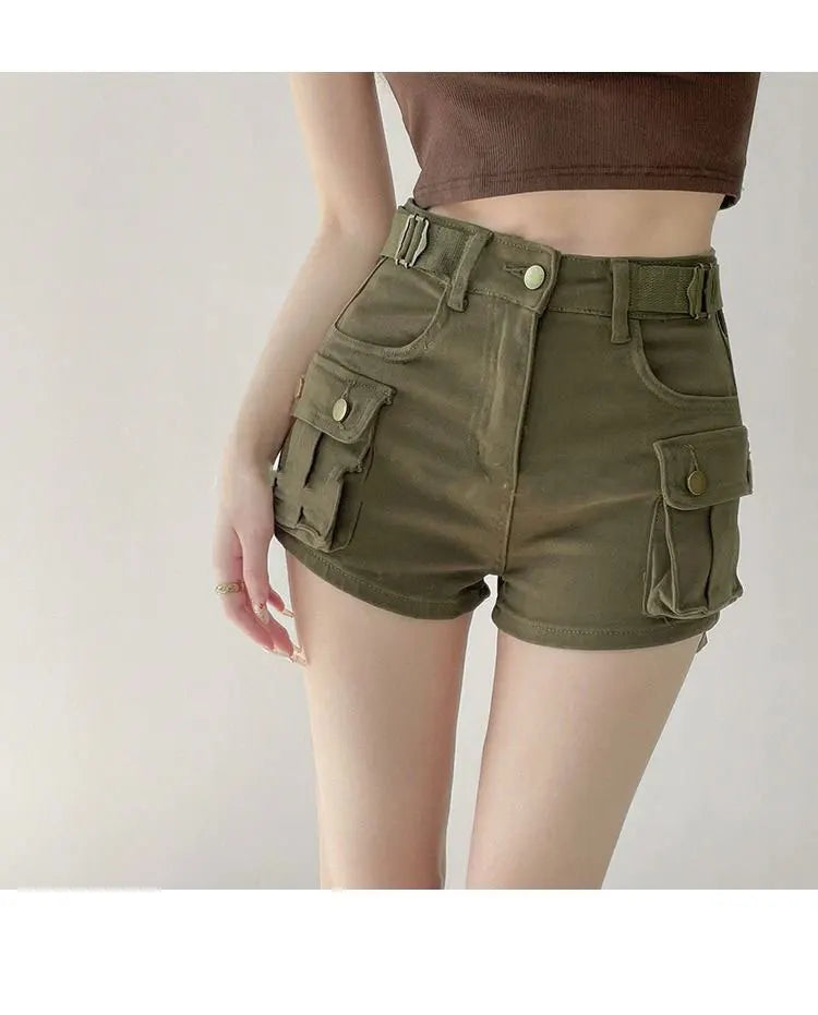 Women Military Green Denim Cargo Shorts Summer High Waisted Loose Wide Leg Y2K Hot Girl Casual Short Pants with Pockets