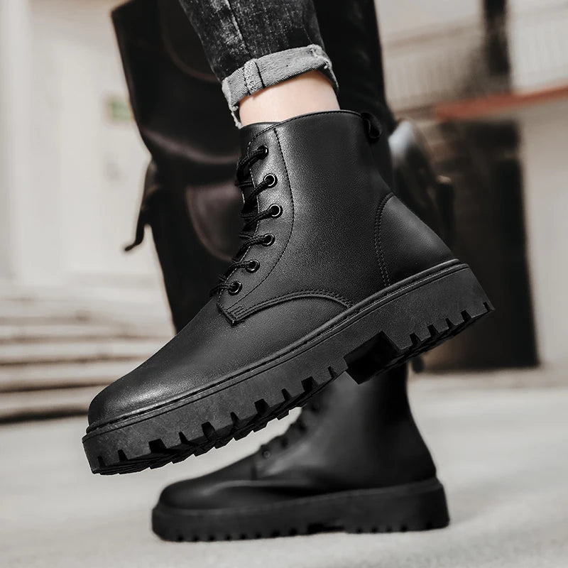 Men Shoes Autumn Anti Slip Waterproof High Top Black Lace Up Casual Leather Shoes Platform Boots Fashion Trend Motorcycle Boots