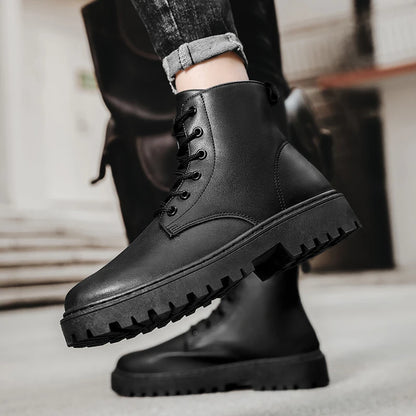 Men Shoes Autumn Anti Slip Waterproof High Top Black Lace Up Casual Leather Shoes Platform Boots Fashion Trend Motorcycle Boots