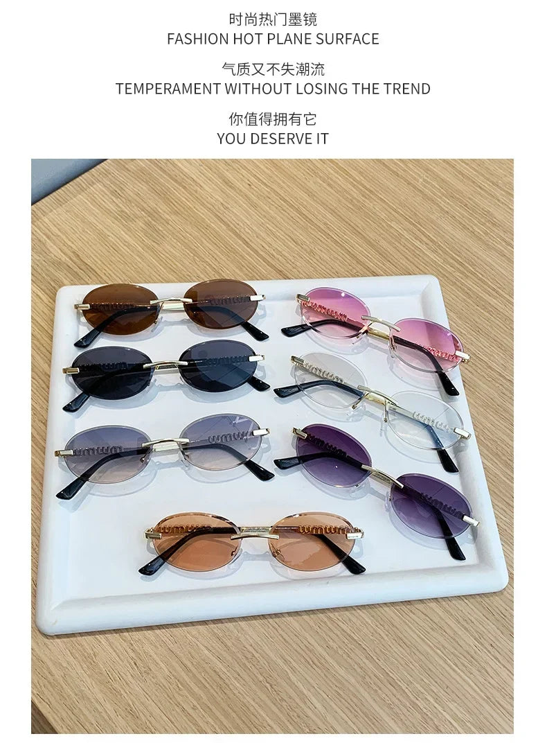 New Oval Rimless Sunglasses Women Luxury Fashion Narrow Sun Glasses Shades Trendy Elegant Diamond Eyewear Lentes De Sol Mujer