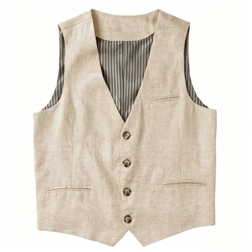 Beige Linen Men's Vest V Neck Summer Waistcoat Single Breasted Light Weigt Men's Suits Vest