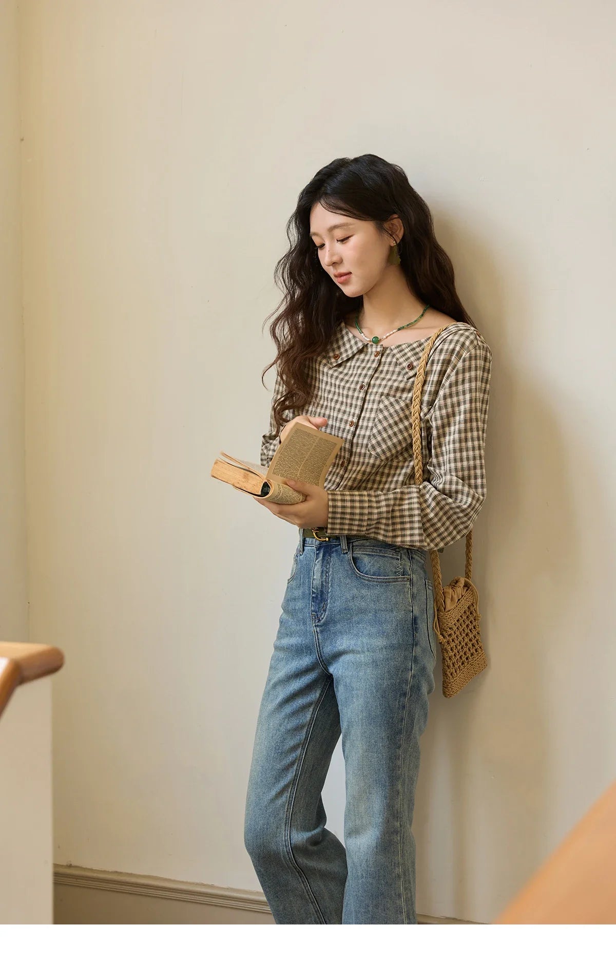 Women's Casual Shirts Cotton Autumn Side Slit Pockets Plaid Shirts Commute  Elegant Chic Woman Top with Belt MXE44X2469