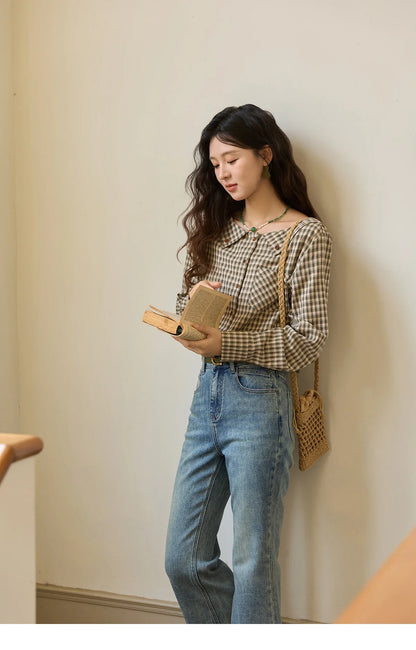 Women's Casual Shirts Cotton Autumn Side Slit Pockets Plaid Shirts Commute  Elegant Chic Woman Top with Belt MXE44X2469