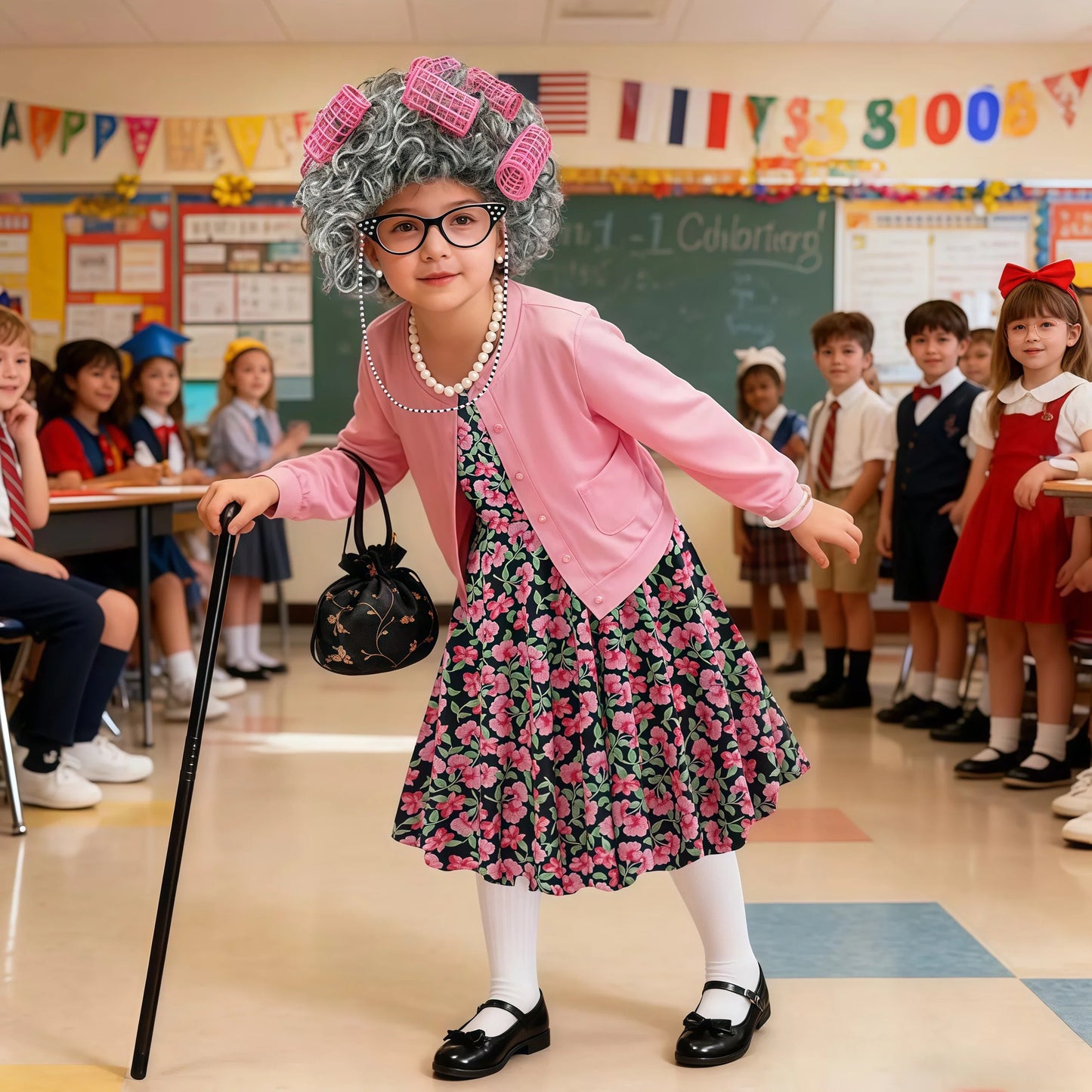 Baby Girl Celebrating 100th School Days Funny Cosplay Costumes Dress Granny Girl Cosplay Floral Old Lady Dress Up With Cane