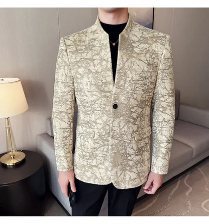 New Chinese Style Stand Up Collar Jacquard Suit Coats Men Slim Business Casual Fashion Suits Jacket Formal Social Party Tuxedos