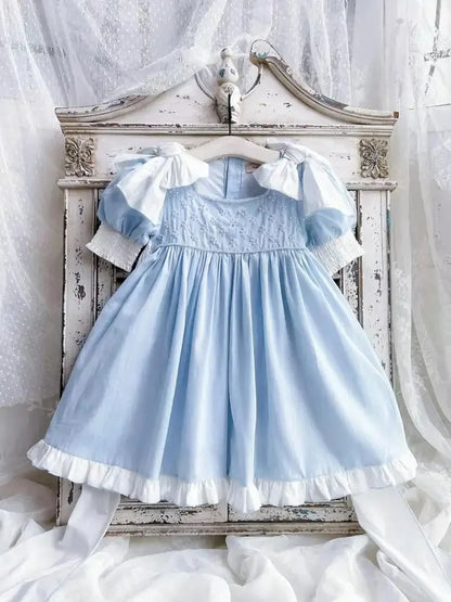 Baby Girl Princess Cotton Bow Pearl Dress Infant Toddler Child Ruffled Spanish Blue Vestido Birthday Party Baby Clothes 18M-7Y