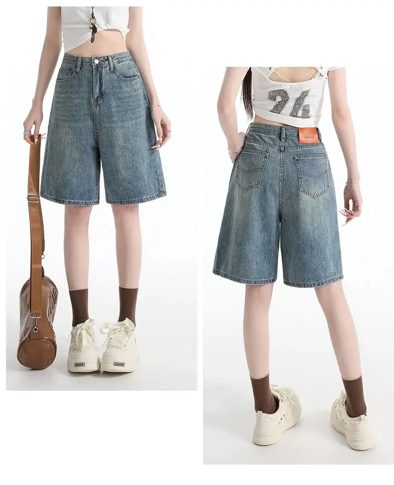 Women's High Waist Wide Leg  Y2K American Retro Washed Five-Point Denim Shorts Summer Loose Slim Straight Cut Mid-Length Pants