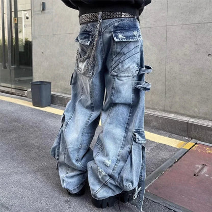 2025 Cyber Y2K Streetwear Washed Blue Baggy Ripped Cargo Jeans Pants For Men Clothing Wide Leg Vintage Loose Punk Denim Trousers