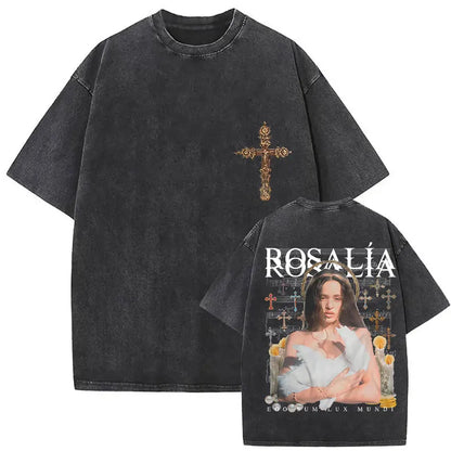 Rosalia Lux Tour Album 2025 Vintage Washed T Shirts Men Women Casual Oversized Cotton T-shirt Fashion Pop Print Clothing Tshirt