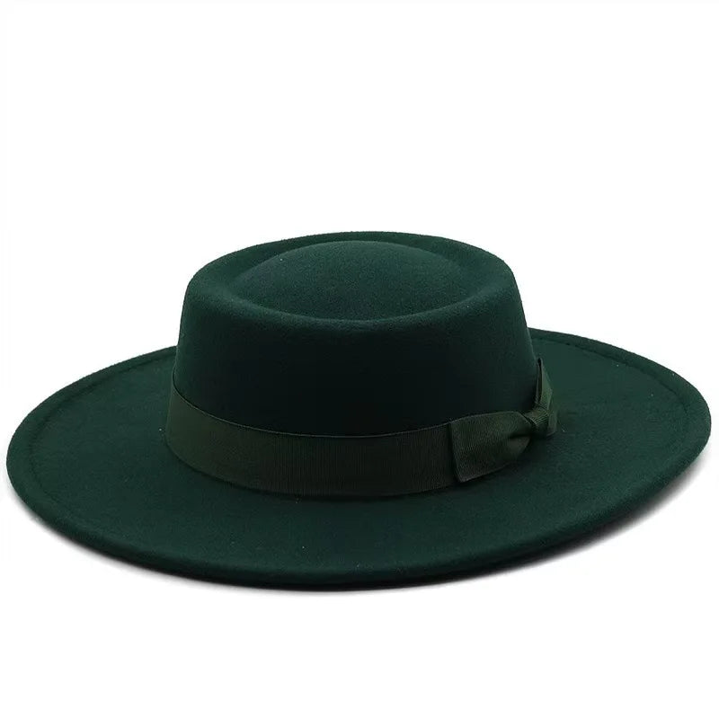 9.5cm Brim Round Top Hat Solid Color Fedoras Bow Flat Top Boater Style Panama Hats for Women Men Party Wedding Church Felt Caps