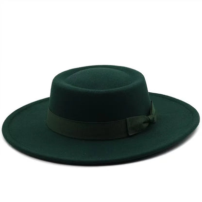 9.5cm Brim Round Top Hat Solid Color Fedoras Bow Flat Top Boater Style Panama Hats for Women Men Party Wedding Church Felt Caps