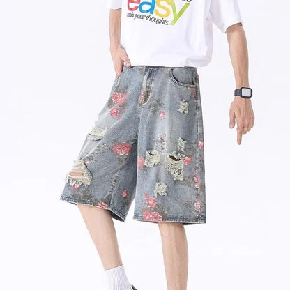 2025 Mens Rose Print Distressed Denim Shorts Summer Baggy Ripped Jeans Five Inch Cargo Shorts Y2K Streetwear Vintage Hip Hop