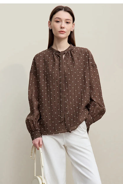 Women's Shirt 2026 Autumn New Polka Dot Chiffon Shirt Multi-Way Ribbon Women's Oversized Drop Shoulder Casual Tops 12641098