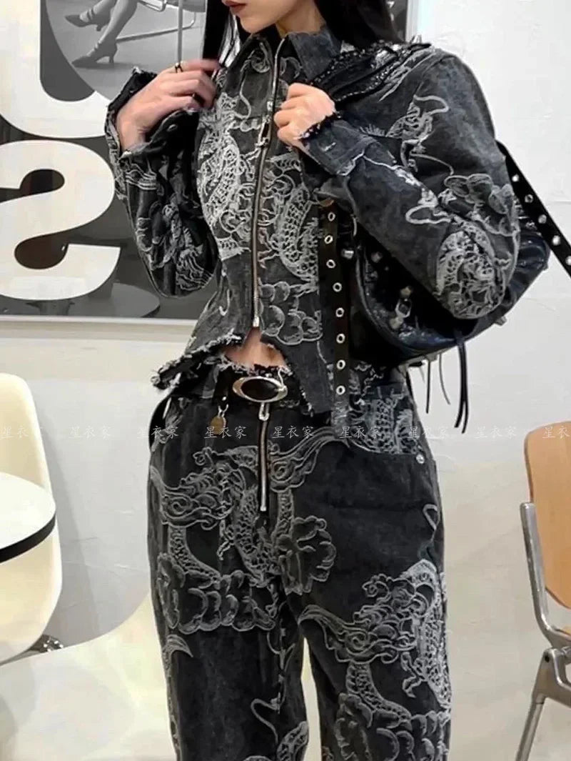 Y2K Baggy Dragon Print Denim Trouser Women's Washed Vintage Casual Emo Pants Grunge Street Retro High Waist Loong Trashy Jeans