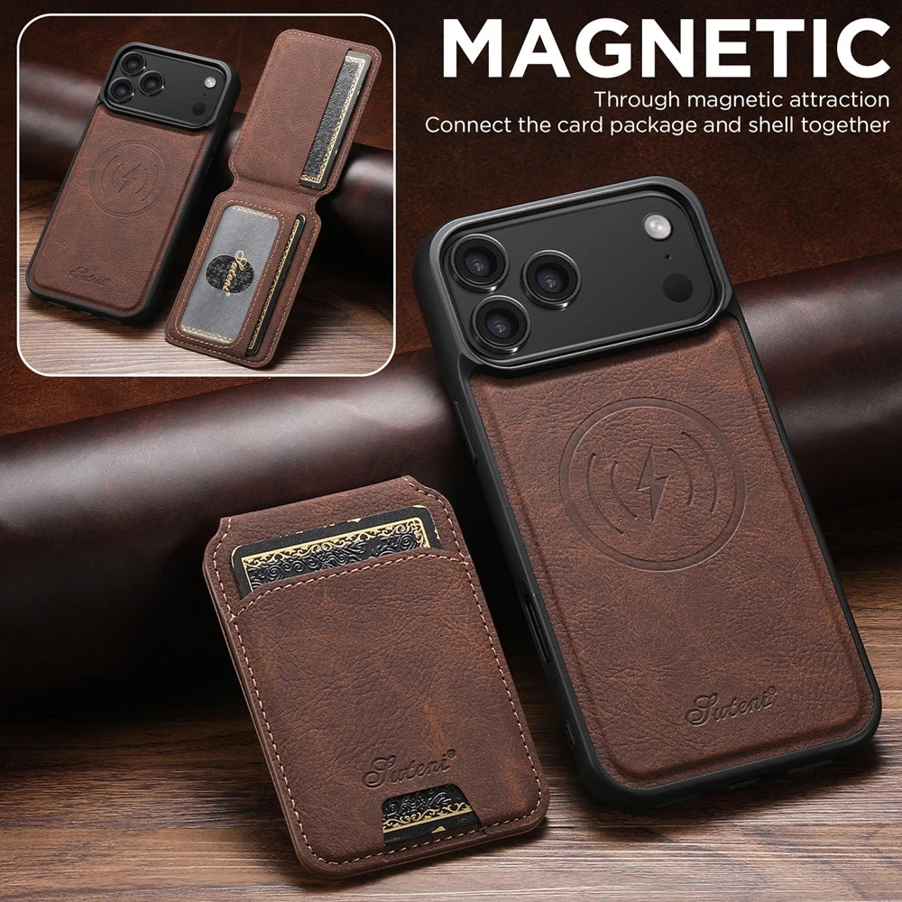 2 in 1 Leather Case For iPhone 17 Promax Air 16 Pro max 15 Plus 14 Pro 13 12 Wireless Charging Kickstand Card Slots Phone Cover