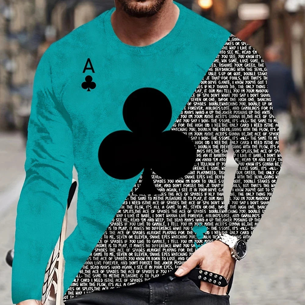 Summer Men's T-Shirt Big Size Loose Retro Short Sleeve Fashion American Poker Letter Print O Neck Long Sleeve Autumn Shirt