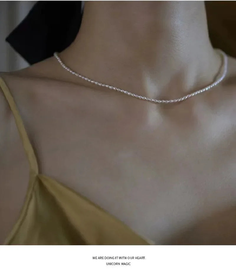 2.5-3.5mm Rice Shape Freshwater Pearl Necklaces 40cm Length 925 Sterling Silver Collar Necklaces for Women Jewelry Gift