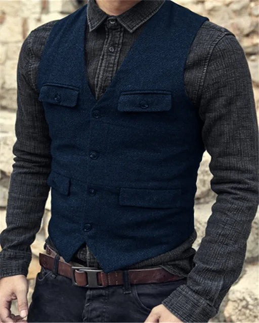 Men Vest V Neck Classic Steampunk Suit Wool Tweed Notch Lapel Thick Tweed For Wedding Groom Banquet Waistcoat