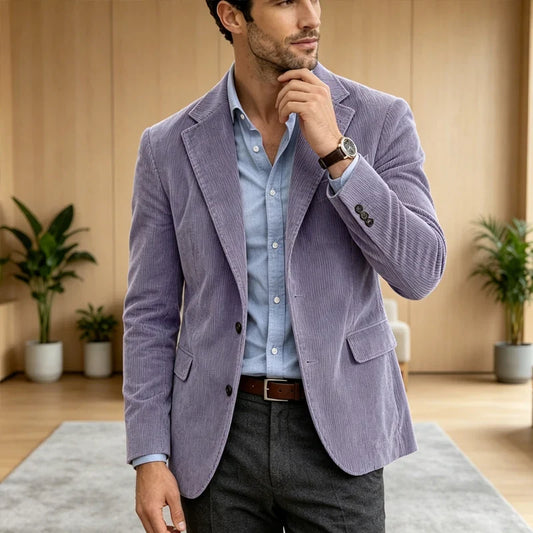 Vintage Men's Corduroy Blazer Notched Lapel 2 Buttons Slim Fit Jacket Casual Business Sport Coat For Office Wedding Daily Wear