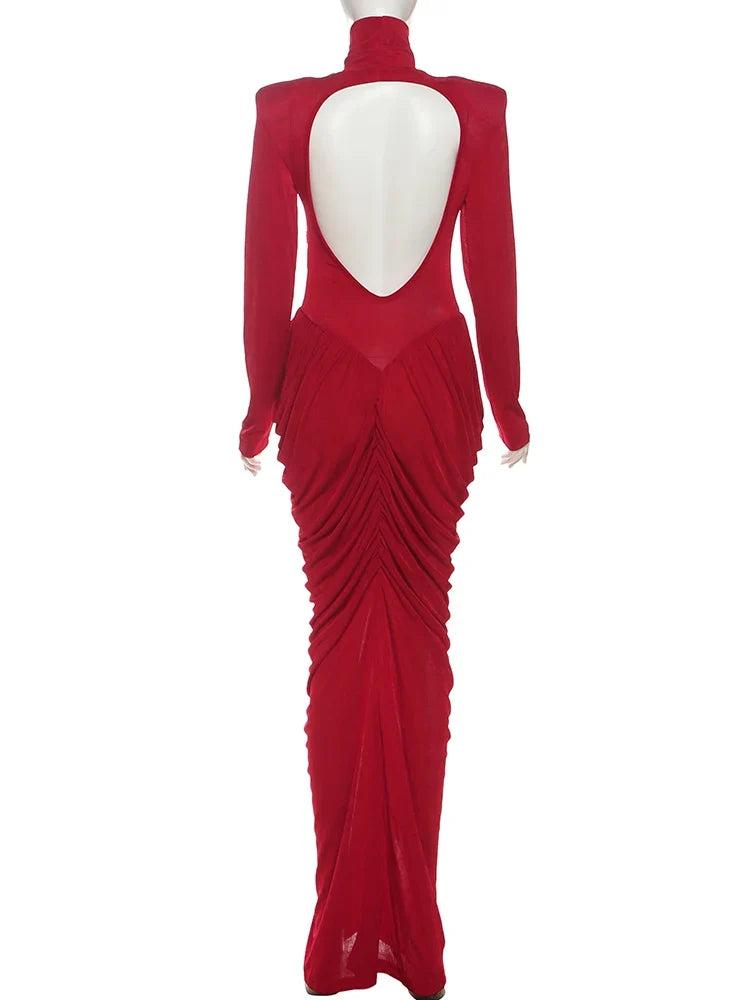 Autumn New Style Maxi Dress Women Turtleneck Full Sleeve Backless Skinny Stretch  Prom Party Ruched Elegant Vestidos