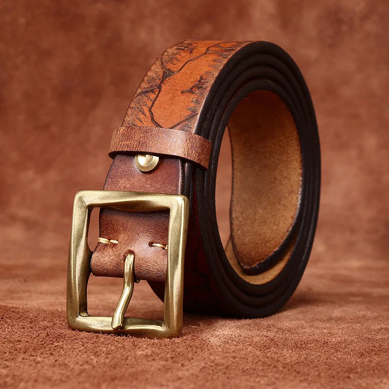 3.8CM Retro fashion trend  personality niche ice cracked belt  men's leather top layer cowhide youth jeans belt
