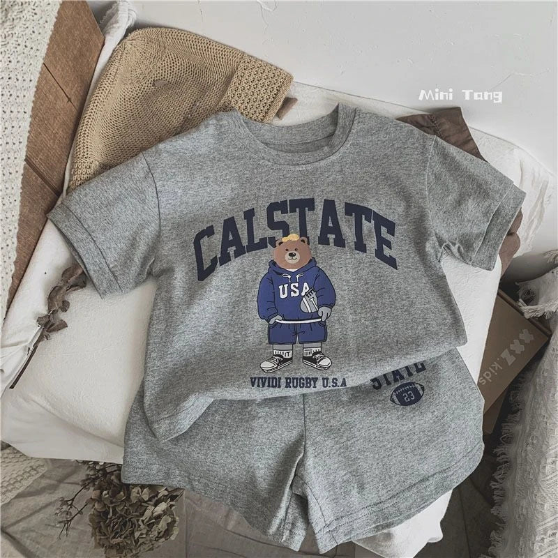 Print Cartoon Pattern Boys Short Sleeve T-shirt Suit 2025 Summer Clothing Loose Casual Kids Tracksuits Toddler Costume Outfits