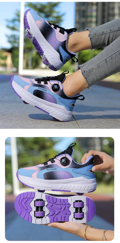 Kids Two Wheels Roller Skating Shoes With Light Magic Stick Walking Shoes Detachable Wheels Roller Skate Shoes For Teenagers