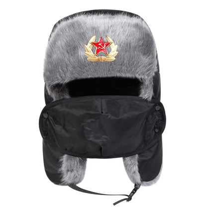 Unisex Five Pointed Star Badge Lei Feng Hat Winter Earflap Hat Keep Warm Ski Hat Bomber Hat for Outdoor Riding Snow Activities