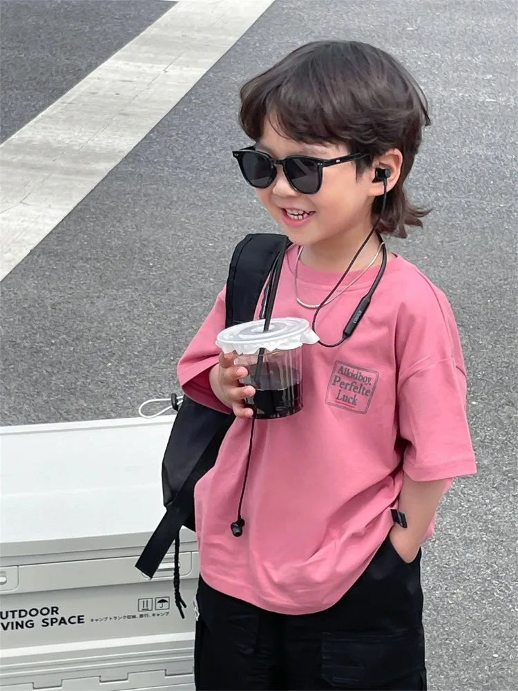 Japanese Style Boys 100% Pure Cotton T-Shirt 2026 Summer Kids Loose Comfortable Trendy Top