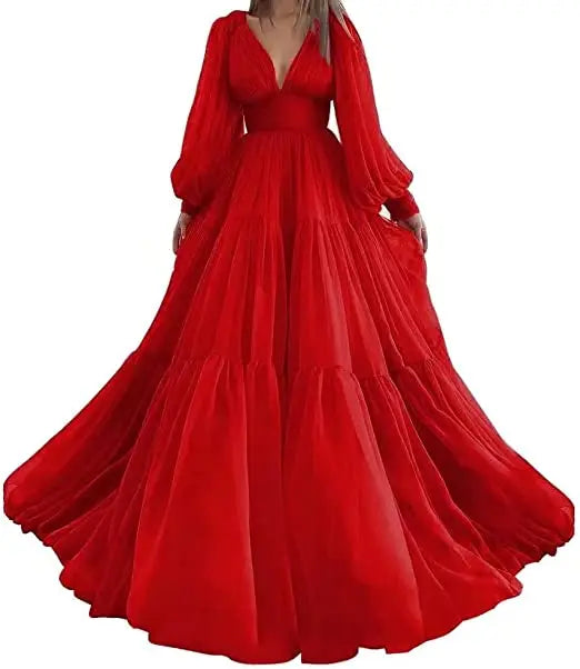 Pleat Tulle Princess Prom Gown V-Neck Long Puff Sleeve Plus Size Evening Gown Elegant Dress Women for Wedding Party