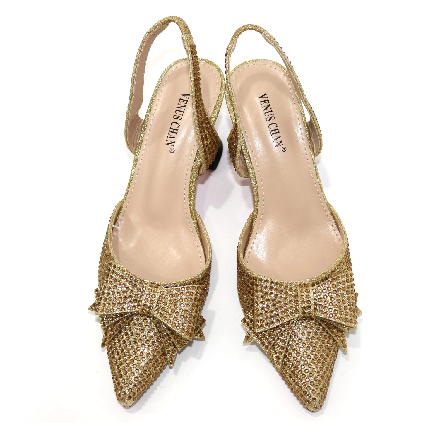 Bridal High Heels for Women 2023 Pointed Toe With Bows Gold Color Rhinestone  Elegant Party Wedding Shoe and Bag Set