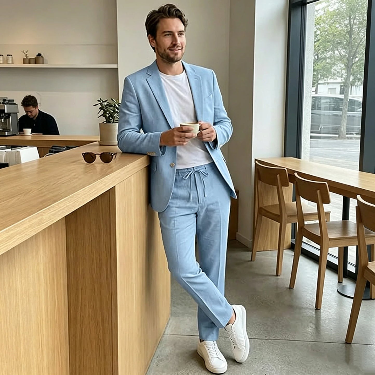Men's Linen Suit 2 Piece Set Blazer & Drawstring Pants Business Casual Suit Jacket Trousers Summer Beach Wedding Formal Outfit