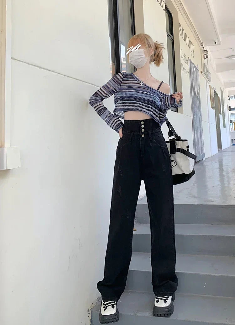 Hight Waist Denim Pant Women Jeans Vintage Straight Trousers Jeans Autumn Spring Fashion Female Black Casual Wide Leg Pants