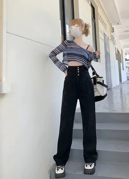 Hight Waist Denim Pant Women Jeans Vintage Straight Trousers Jeans Autumn Spring Fashion Female Black Casual Wide Leg Pants