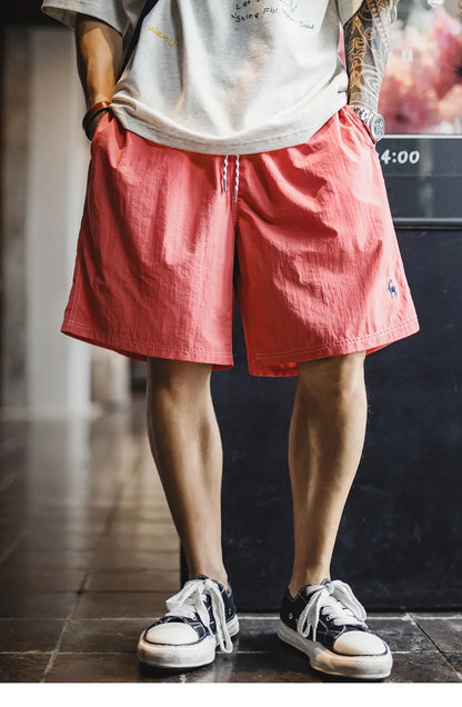Men's American Retro Embroidered Woven Beach Shorts Lightweight Thin Five Inch Amekaji Style Daily Casual Summer Trousers