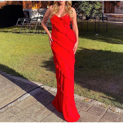 2024 Summer Fashion New Elegant Women's Sexy Chiffon Vacation Style Sling Dress with Ruffle Edge Style Long Dress