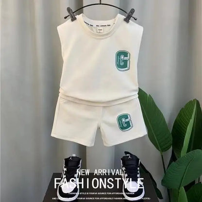 Summer Children Boys 2PCS Clothes Set Cotton Letter Bear Sleeveless Tops Tee Suit Thin Cool Sporty Shorts Kid Babys Boys Outfits