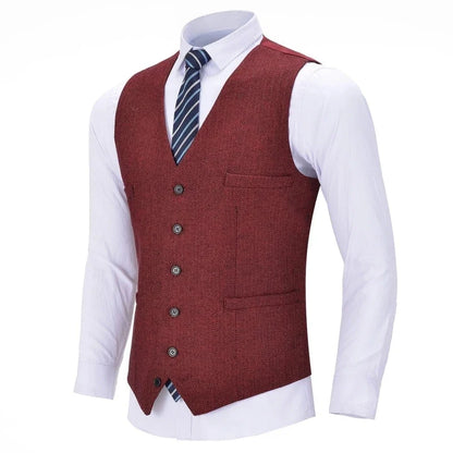 Men Vest Red Solid V Neck Herringbone Waistcoat For Wedding Business Birthday Banquet Work Set Men Suit Vest