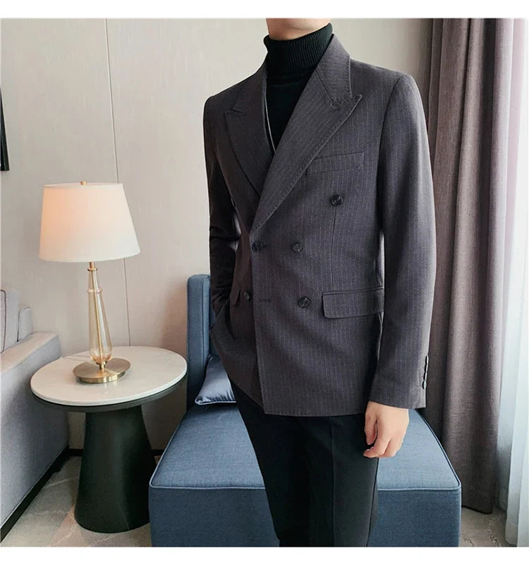 Classic Luxury Striped Men Suit Jacket Fashion Double Breasted Business Office Wedding Tuxedos Male High Quality Slim Fit Blazer