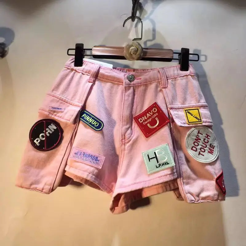2026 Summer New Embroidery Letter High Waist Cargo Pocket Denim Shorts Women