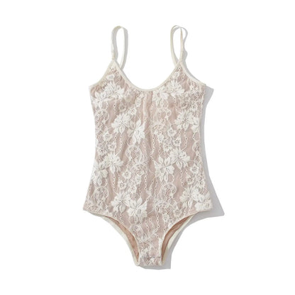 Sexy See Through Lace With Lining Backless Spaghetti Strap Bodysuit Woman Sling Tight Short Jumpsuit Slim Fit Rompers Playsuits