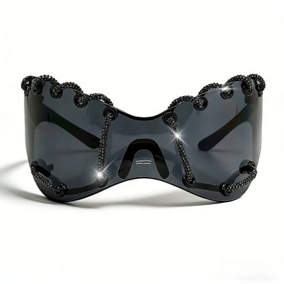 Women's Exaggerated Oversized One-Piece Rhinestone Chain Sunglasses Y2K Retro Futuristic Fashion Silver Goggles Shades for Party
