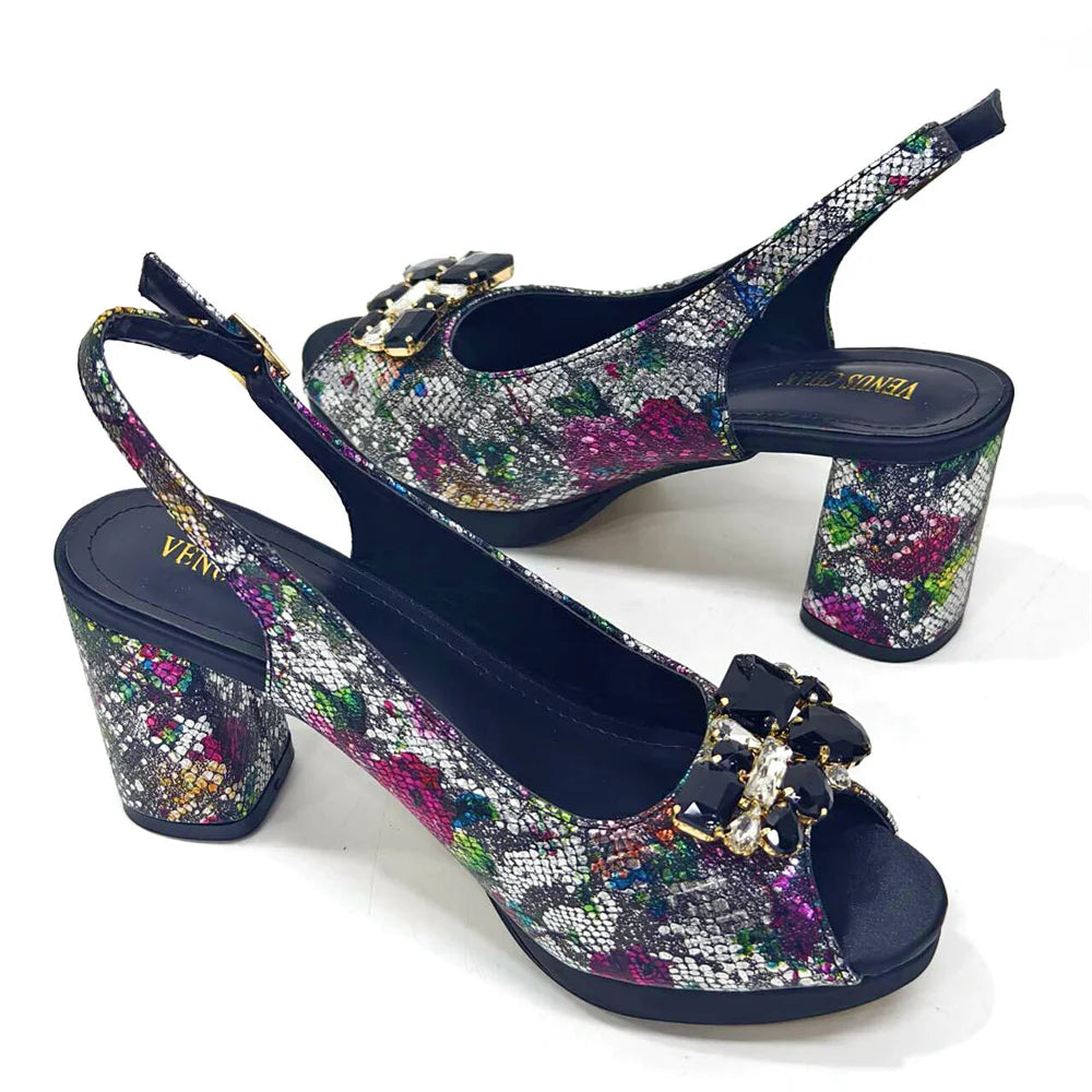 Italian Sandals and Bags Matching Set 2024 Women Heel Party for Gold Colour Wedding Bigger Size Thick Heel Shoes