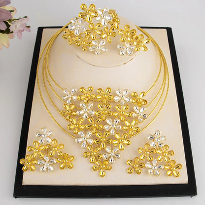 Fashion Silver Gold Color Hollow Shape Necklace Earrings Bracelet Ring Set for Women Exaggerated Design Jewelry Gift for Party