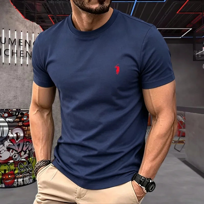 100% pure cotton high-quality brand round neck short sleeved men's 2026 summer fashion pony embroidery T-shirt casual sports top